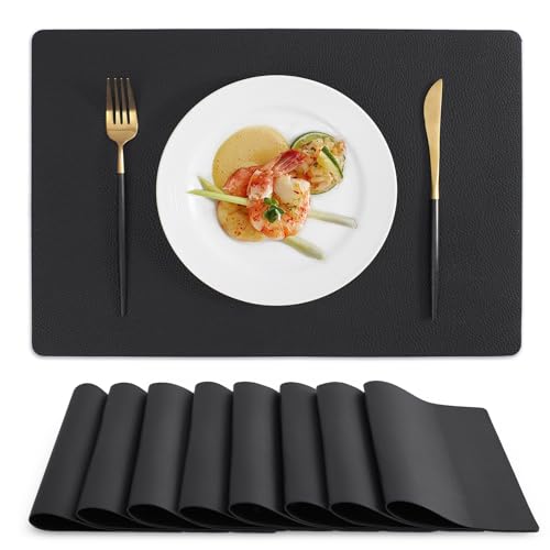 MOSAYT Vinyl Placemats Set of 8, Heat Resistant Place Mats 100% Waterproof Washable & Wipeable Faux Leather Reversible Table Mats for Kitchen Dining Party Indoor Outdoor, 12" x 17", Black