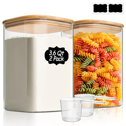 ComSaf 3.6 Qt Glass Food Storage Containers Set of 2, Large Storage Containers with Lids, Square Glass Jars with Lids, for Flour and Sugar, Cereal, Rice, Pasta, Oats, Coffee Beans