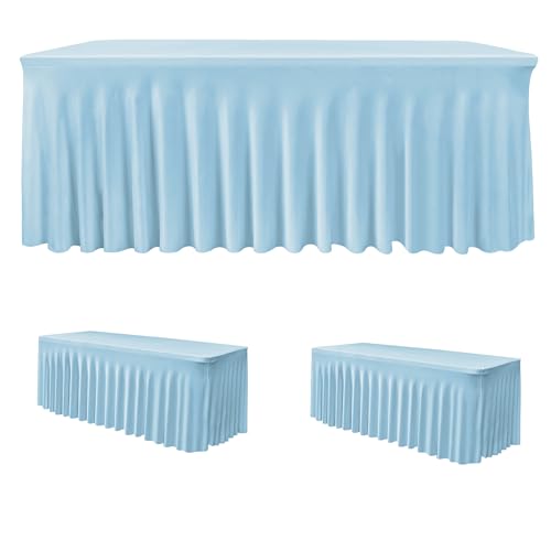 HolidayIdeas Floor Length 8ft Spandex Tablecloth 2 Pack Fitted Stretch Table Skirts 30x96 Inch, Ruffle Design Wrinkle-Free Polyester Table Cover for Weddings Parties Banquets Events,Baby Blue, 2 Pcs