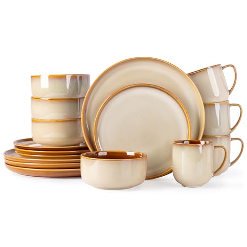 LERATIO Ceramic Dinnerware Sets for 4,16-PieceReactive Glaze Plates and Bowls Set with Mugs,Highly Chip and Crack Resistant | Dishwasher,Microwave & Oven Safe Dishes set-Kahki