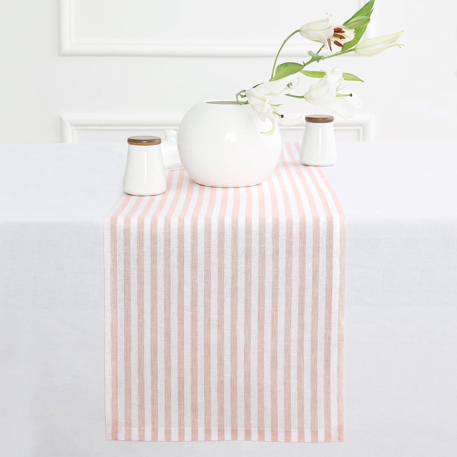 Solino Home Striped Linen Table Runner 60 Inches - Amalfi Stripe, 100% Pure Linen Coral and White Small Table Runner 14 x 60 Inch Ideal for Dresser and Coffee Tables