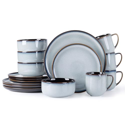 LERATIO Ceramic Dinnerware Sets for 4,16-PieceReactive Glaze Plates and Bowls Set with Mugs,Highly Chip and Crack Resistant | Dishwasher,Microwave & Oven Safe Dishes set-Gray White