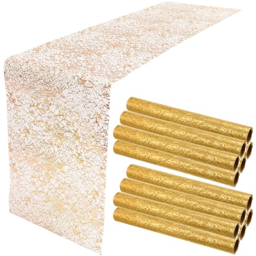 Chumia 12 Pieces Gold Table Runner 11 x 108 Inch Sequin Glitter Table Runner Roll Metallic Thin Mesh Fabric Decor for Party Wedding Shower Birthday Baby Shower Party Supplies