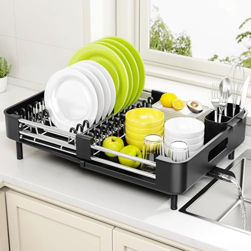 Stainless Steel Dish Drying Rack - Dish Drainer for Kitchen Counter, Extendable Drainboard with Foldable, Space-Saving Cup & Bowl Organizer, Includes Knife and Utensil Holder, Black
