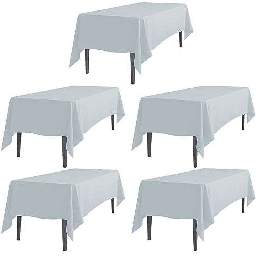 LTC LINENS 5 Pack Rectangular Tablecloths Silver 70 x 120 Inch for 6 or 8ft Rectangle Banquet Tables with Half-Drop - Stain and Wrinkle Resistant Polyester Fabric Cloth Table Covers for Wedding, Party