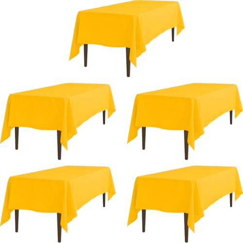 LTC LINENS 5 Pack Rectangular Tablecloths Gold 70 x 120 Inch for 6 or 8 ft Rectangle Banquet Tables with Half-Drop - Stain and Wrinkle Resistant Polyester Fabric Cloth Table Covers for Wedding, Party