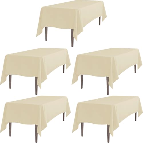 LTC LINENS 5 Pack Beige Rectangular Tablecloths 70 x 120 Inches for 6 ro 8 Feet Rectangle Banquet Tables with Half-Drop - Stain and Wrinkle Resistant Polyester Cloth Table Covers for Party, Wedding