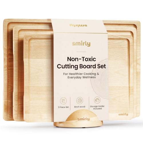 SMIRLY Wood Cutting Boards for Kitchen Wooden Chopping Board Set Reversible with Deep Juice Grooves Grip Handles, Large Charcuterie Tray for Home Kitchen, Natural Birch, 3Pcs with Holder