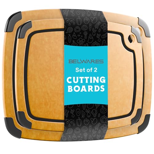 Dishwasher Safe Cutting Boards for Kitchen Set - Large Composite Wood Cutting Boards (14.5" x 11" & 11.7" x 9.3") Non-Slip & Juice Groove - Thin & Lightweight Eco-Friendly - Natural w Black Grooves