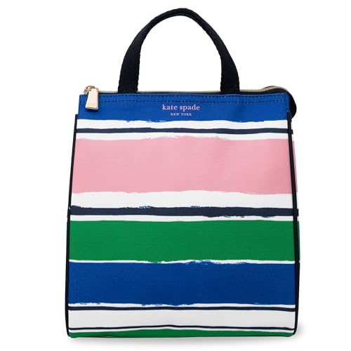 kate spade new york Cute Lunch Bag for Women, Large Capacity Lunch Tote, Adult Lunch Box with Silver Thermal Insulated Interior Lining and Storage Pocket, Ocean Stripe