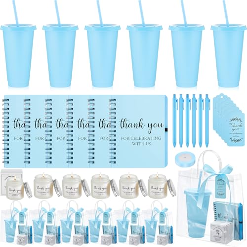 Nuogo 6 Sets Baby Shower Prizes for Player Winners Adults Include Plastic Tumbler Notebook Scented Candles Ballpoint Pen Gift Bag, Baby Shower Player Winner Gifts Bridal Game Gifts(Blue)
