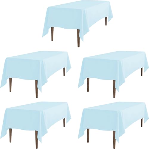 LTC LINENS 5 Pack Baby Blue Rectangular Tablecloths 70 x 120 Inches for 6 or 8 Feet Rectangle Banquet Tables with Half-Drop - Stain and Wrinkle Resistant Polyester Table Covers for Party, Wedding