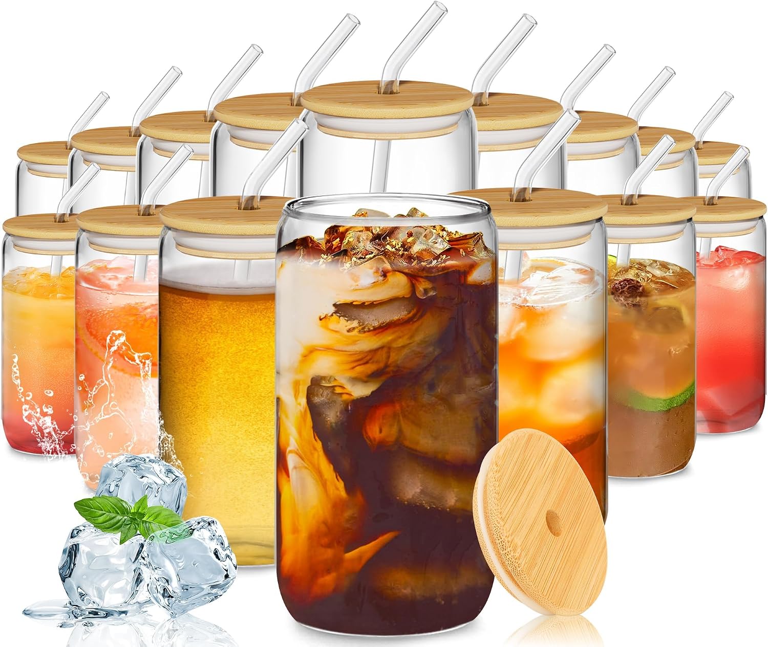 16Pcs Glass Cups with Lids and Straws, 16oz Glasses Drinking Set, Iced Coffee Cups, Can Shaped Glass Tumbler for Juice, Coffee, Cocktail, Wine with Gift Box and Cleaning Brushes