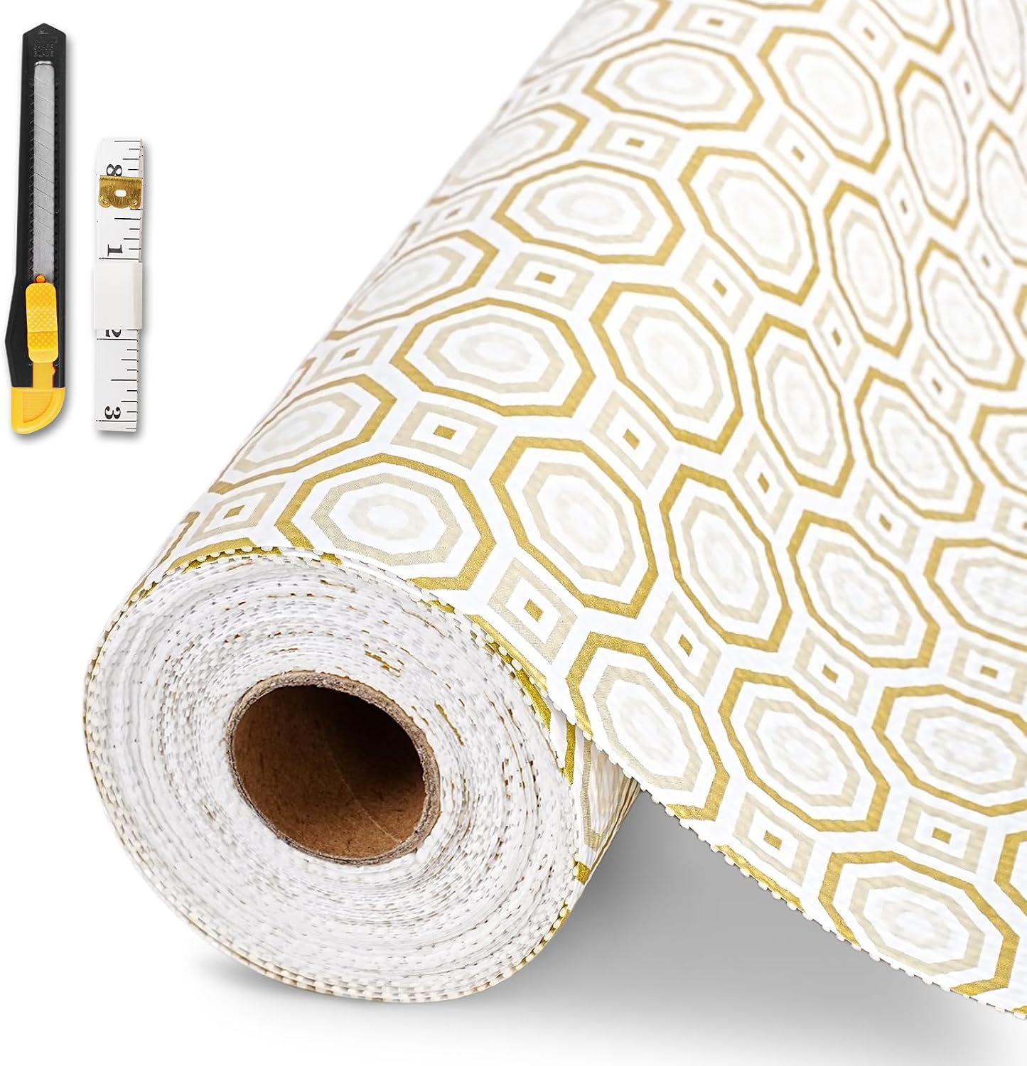Drawer and Shelf Liner for Kitchen Cabinet,Non-Adhesive Cabinet Liner 18in x 20FT,Waterproof Shelf Paper Non-Slip Mats Cupboard Liners Contact Protect Dresser/Shelves/Table-Gold Octagonal