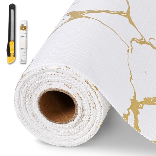 Drawer and Shelf Liner for Kitchen Cabinet,Non-Adhesive Cabinet Liner 24in x 10FT,Waterproof Shelf Paper Non-Slip Mats Cupboard Liners Contact Protect Dresser/Shelves/Table-Gold Marble