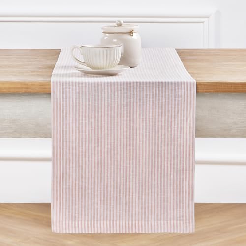Solino Home Linen Table Runner 72 Inches Long - Narrow Stripe, 100% Pure Linen Peach and White Table Runner 14 x 72 Inch for Dining, Dresser