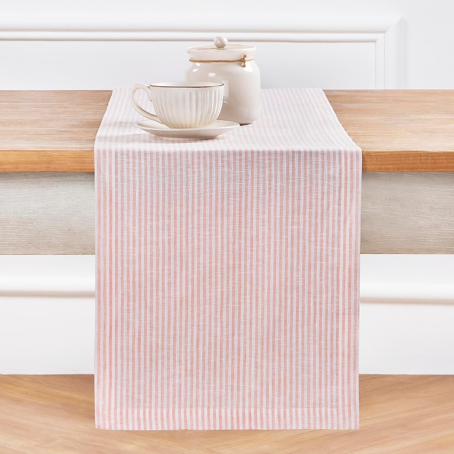 Solino Home Linen Table Runner 90 Inches Long - Narrow Stripe, 100% Pure Linen Peach and White Farmhouse Table Runner 14 x 90 Inch for Dining