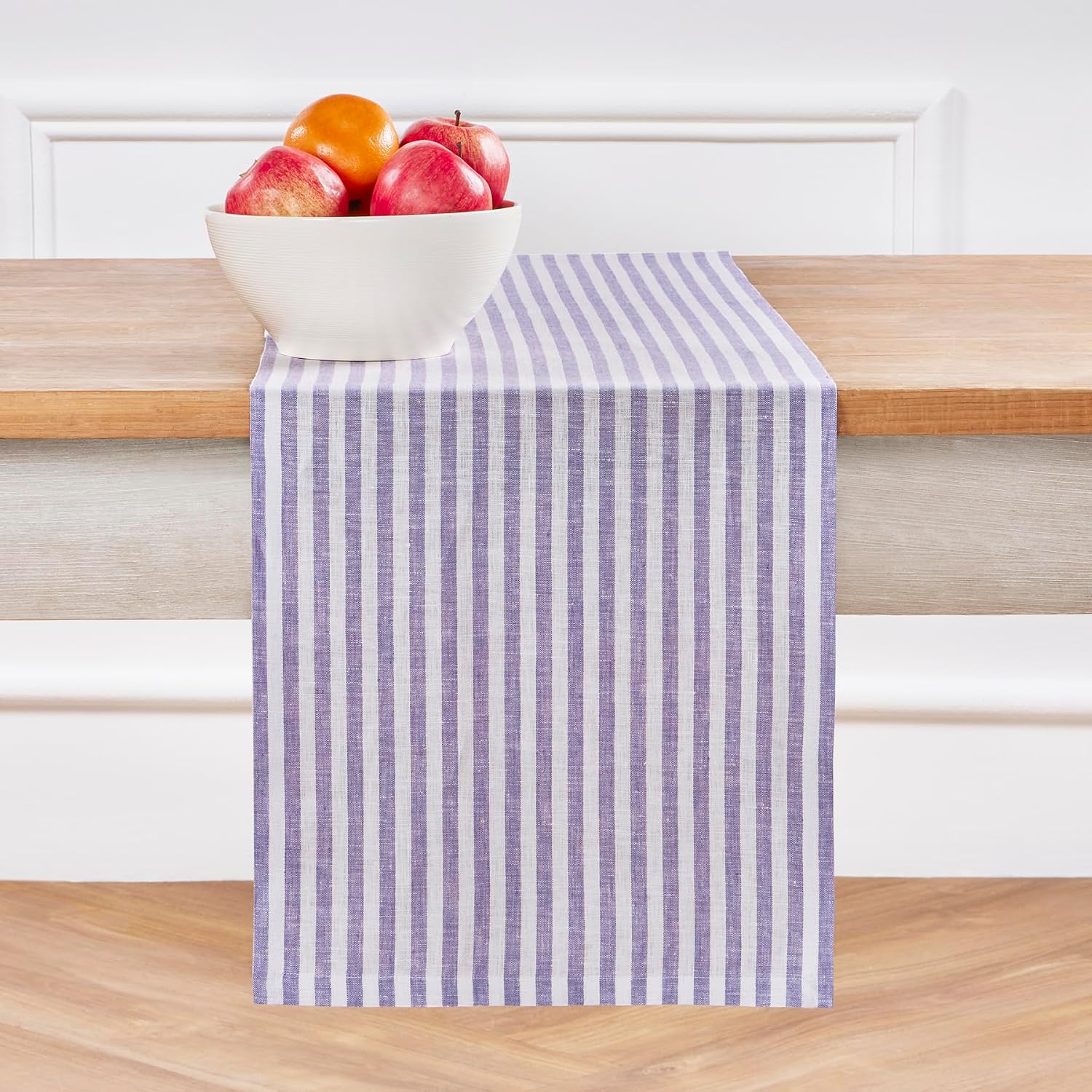 Solino Home Striped Linen Table Runner 60 Inches - Amalfi Stripe, 100% Pure Linen Violet and White Small Table Runner 14 x 60 Inch Ideal for Dresser and Coffee Tables