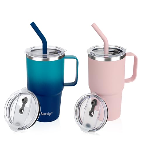 Sursip Kids 24 oz Insulated Cup with Handle, Double Wall Vacuum Stainless Steel Tumbler with Straw and 2 Lids, For Cold/Hot Drinks, Coffee Travel Mug for Car/Home/Office/Party/Camping (2 Pack)