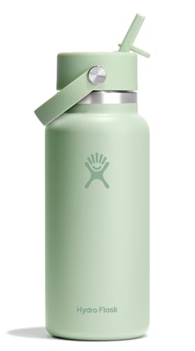 Hydro Flask Water Bottle - Insulated Stainless Steel - Wide Mouth Flex Straw Lid, Non Spill, Leakproof and Refillable in 32 Oz Aloe Green