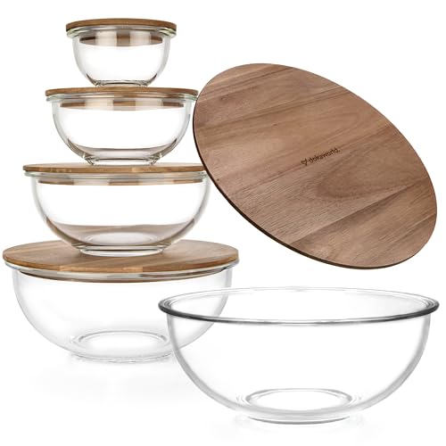 Stackable Space-Saving Set of 5 Nesting Glass Bowls with Acacia Lids for Foodprep, Storage, Mixing & Cooking - Microwave & Oven-ready BPA Free Durable Heat Resistant Inert Borosilicate Glass
