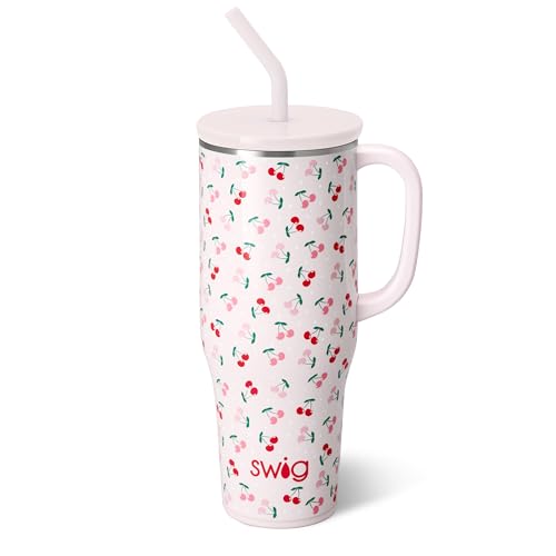 Swiglife 40oz Mega Mug, 40 oz Tumbler with Handle and Straw, Cup Holder Friendly, Dishwasher Safe, Lightweight Extra Large Insulated Tumbler, Stainless Steel (Cherry Pie)