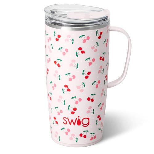 Swig Life 22oz Travel Mug, Insulated Tumbler with Handle and Lid, Cup Holder Friendly, Dishwasher Safe, Stainless Steel, Travel Coffee Cup, Insulated Mug with Lid (Cherry Pie)