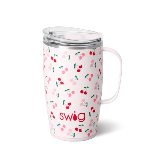 Swig Life 18oz Travel Mug, Insulated Tumbler with Handle and Lid, Cup Holder Friendly, Dishwasher Safe, Stainless Steel, Travel Coffee Cup (Cherry Pie)
