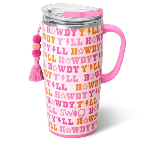 Swig Life 22oz Travel Mug, Insulated Tumbler with Handle and Lid, Cup Holder Friendly, Dishwasher Safe, Stainless Steel, Travel Coffee Cup, Insulated Mug with Lid (Howdy Yall)