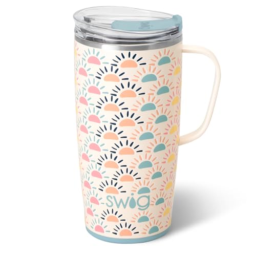 Swig Life 22oz Travel Mug, Insulated Tumbler with Handle and Lid, Cup Holder Friendly, Dishwasher Safe, Stainless Steel, Travel Coffee Cup, Insulated Mug with Lid (Sun Chaser)
