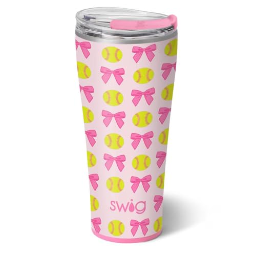 Swig Life 32oz Insulated Tumbler, Travel Coffee Tumbler with Lid, Cup Holder Friendly Stainless Steel, Travel Coffee Mug, Softball Gifts, Softball Water Bottle (Pitch Hit Run)