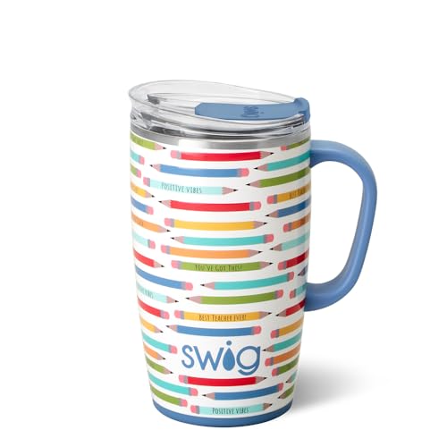 Swig Life 18oz Travel Mug, Insulated Tumbler with Handle and Lid, Cup Holder Friendly, Dishwasher Safe, Stainless Steel, Travel Coffee Cup (Teacher Life)