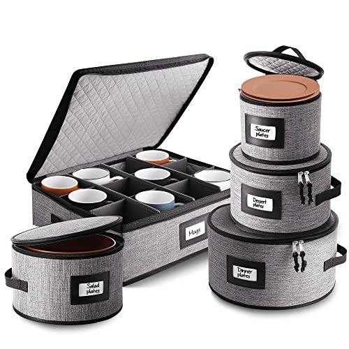 Fine China Hard Shell Dish Organizer - 5 Piece Stackable Mug and Plate Storage Containers with Dividers for Moving and Seasonal Storage, Grey