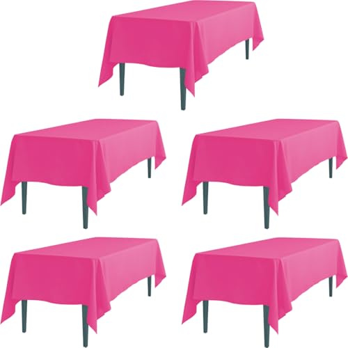 LTC LINENS 5 Pack Fuchsia Rectangular Tablecloths 60 x 102 Inches for 6 Feet Rectangle Banquet Tables with Half-Drop -Stain and Wrinkle Resistant Polyester Fabric Cloth Table Covers for Party, Wedding