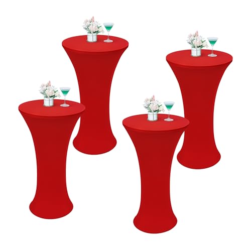 Wolkemer 4PCS 24x43 Inch Red Round Cocktail Tablecloth Fitted Highboy Stretch Cocktail Table Cover for Banquet Bar Party Pub Wedding Indoor Outdoor