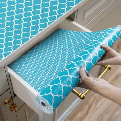 Shelf and Drawer Liner for Kitchen Cabinets Non-Adhesive, Strong Grip Non-Slip Thickened Cabinet Liners for Shelves, Waterproof Mats for Dresser Cupboard, Green/White, 17 in x 20 Feet