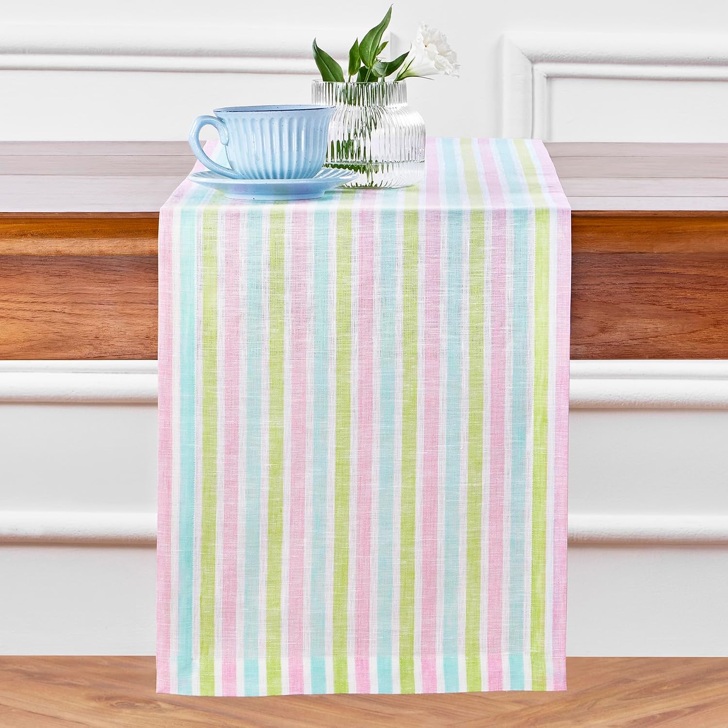 Solino Home Linen Striped Table Runner 60 Inches - 100% Pure Linen Multicolor Palm Beach Stripe Small Table Runner 14 x 60 Inch Ideal for Dresser and Coffee Tables