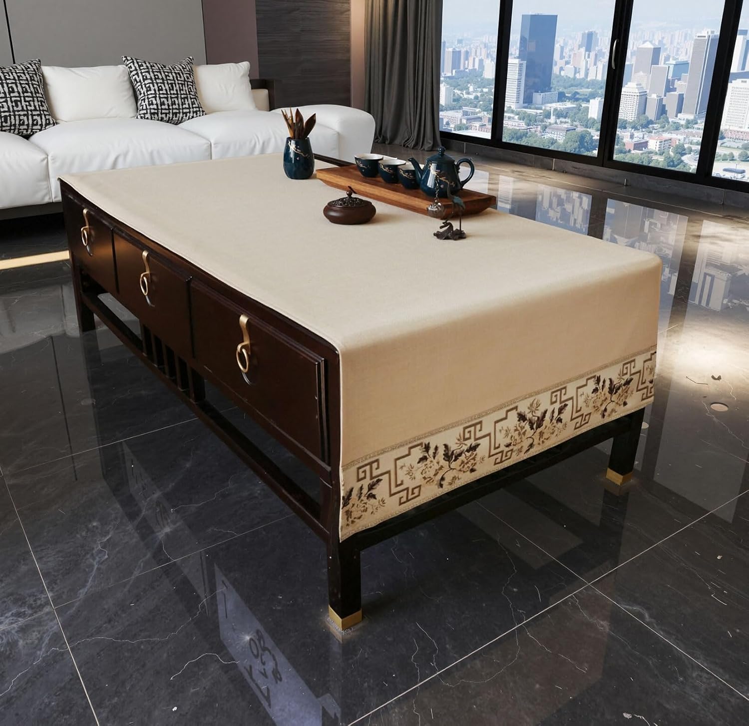 Embroidered Beige Coffee Table Cover