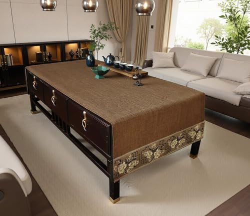 Traditional Feature Coffee Table Cover Rectangle with Embroidered Flowers.Coffee Table Cloth and Tea Table Runner for Living Room,Machine Washable and Dryable(Brown,67" L x 27.6" W)
