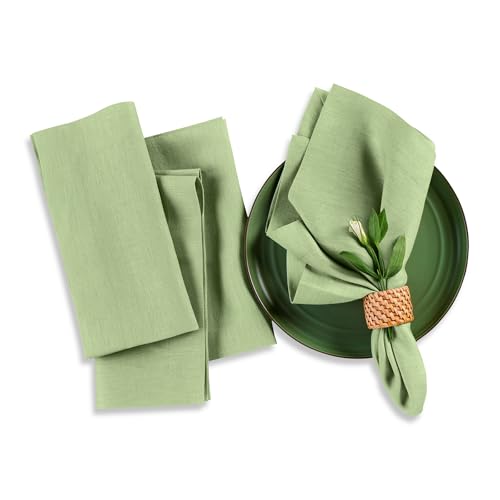 Solino Home Linen Napkins Set of 4-100% Pure Linen Laurel Green Dinner Napkins Cloth 20 x 20 Inch for Fall, Autumn, Thanksgiving - Fete, Handcrafted and Machine Washable
