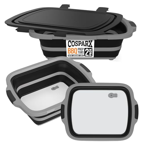 2-Pack XL Collapsible BBQ Prep Tub with Built-In Cutting Board, Lid & Strainer  Marinate, Drain & Prep  Large Food-Safe Container  Perfect for Grilling, Smoking & Outdoor Cooking (Black)
