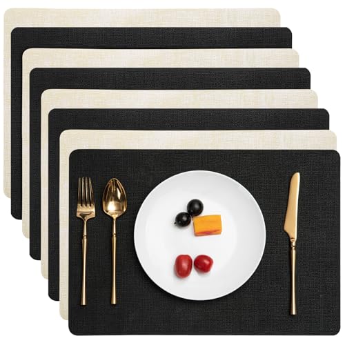 Myir JUN Placemats Set of 8, Dual Sided Faux Leather Placemats Place Mats Set of 8 Indoor for Dining Table Non-Slip Washable Heat Resistant Outdoor Table Mats (Set of 8, Black Cream)