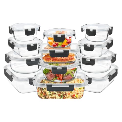 12 Pack Glass Food Storage Containers with Airtight Lids for Meal Prep, Leftover, BPA-Free, Leak-Proof, Freezer to Microwave Safe (12 Lids & 12 Containers)