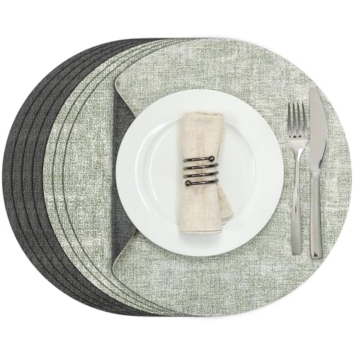 Myir JUN Round Placemats Dual Sided, Faux Leather Place Mats Set of 4 Indoor Placemats for Dining Table Outdoor Placemats Non-Slip Washable Table Mats (Set of 8, Gray Grass Green)