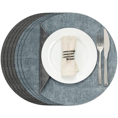 Myir JUN Round Placemats Dual Sided, Faux Leather Place Mats Set of 4 Indoor Placemats for Dining Table Outdoor Placemats Non-Slip Washable Table Mats (Set of 8, Gray Light Blue)