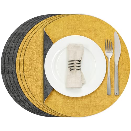 Myir JUN Round Placemats Dual Sided, Faux Leather Place Mats Set of 4 Indoor Placemats for Dining Table Outdoor Placemats Non-Slip Washable Table Mats (Set of 8, Gray Yellow)