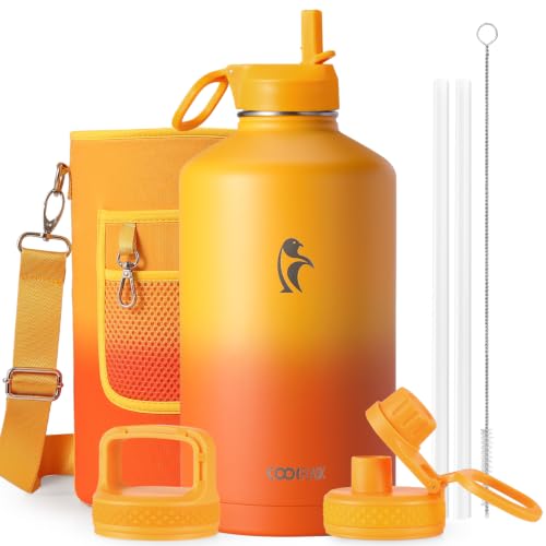 Coolflask 128 oz Gallon Water Bottle Insulated with Straw&3 Lids, Water Jug Large Stainless Steel Metal Vacuum Wide Mouth for Sports, Gym or Office, Non-BPA Keep Cold 48H Hot 24H, Ombre Yellow/Orange