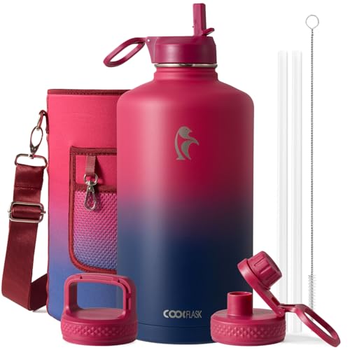 Coolflask 128 oz Gallon Water Bottle Insulated with Straw&3 Lids, Water Jug Large Stainless Steel Metal Vacuum Wide Mouth for Sports, Gym or Office, Non-BPA Keep Cold 48H Hot 24H, Ombre Wine/Navy