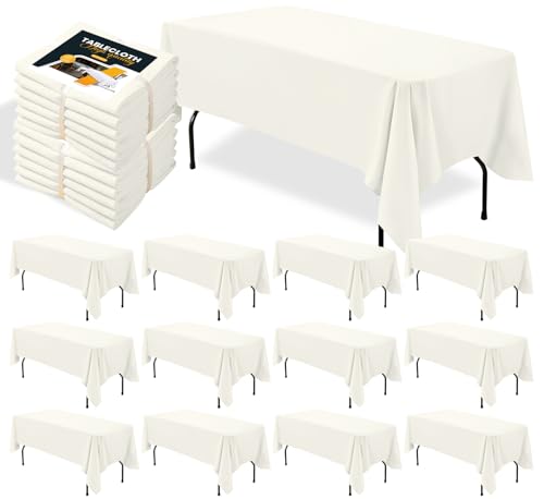 BIGTONE 12 Pack Ivory Rectangle Tablecloth 60 x 102 Inch, Reusable and Washable Table Clothes for 6 Foot Tables, Wrinkle Resistant Polyester Fabric Table Cover for Wedding, Party, Banquet