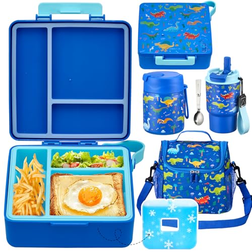 Lunch Box Set with Bento Box Container, 17OZ Stainless Steel Food Soup Thermo, Kids Water Bottle & Portable Insulated Lunch Bag, Leakproof, Hot/Cold Retention for School, Travel (Dinasour)